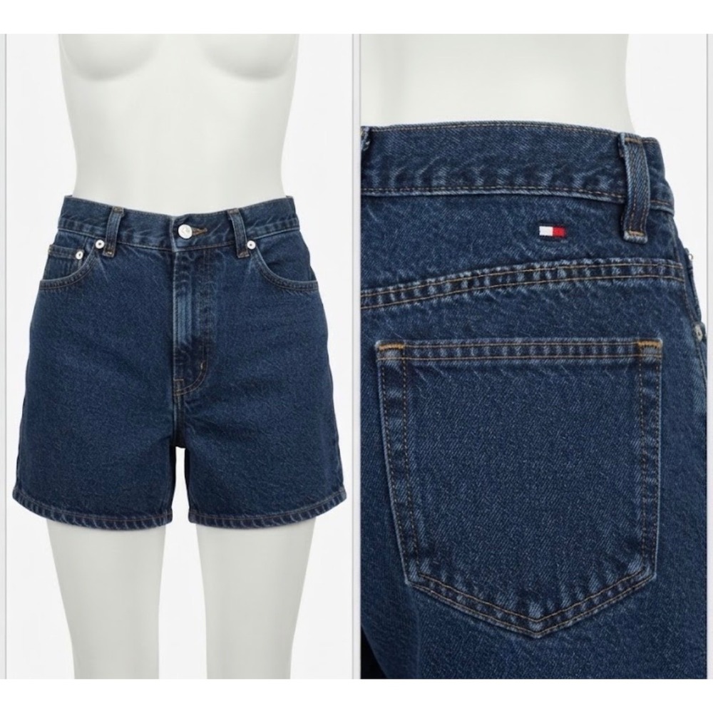 Tommy Hilfiger Vintage High Waisted Denim Shorts Medium Wash Flag Logo W31